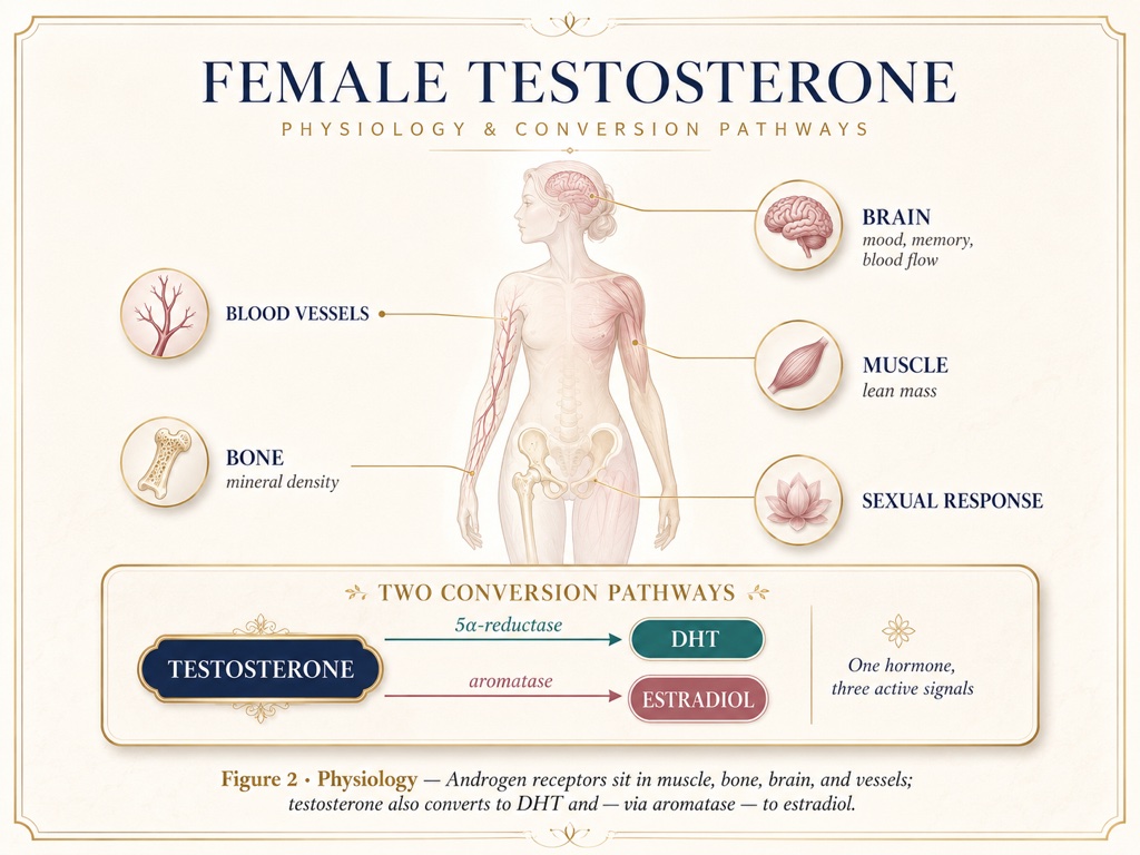 Figure 2: androgen receptors in muscle, bone, brain and vessels, plus the DHT and estradiol conversion pathways