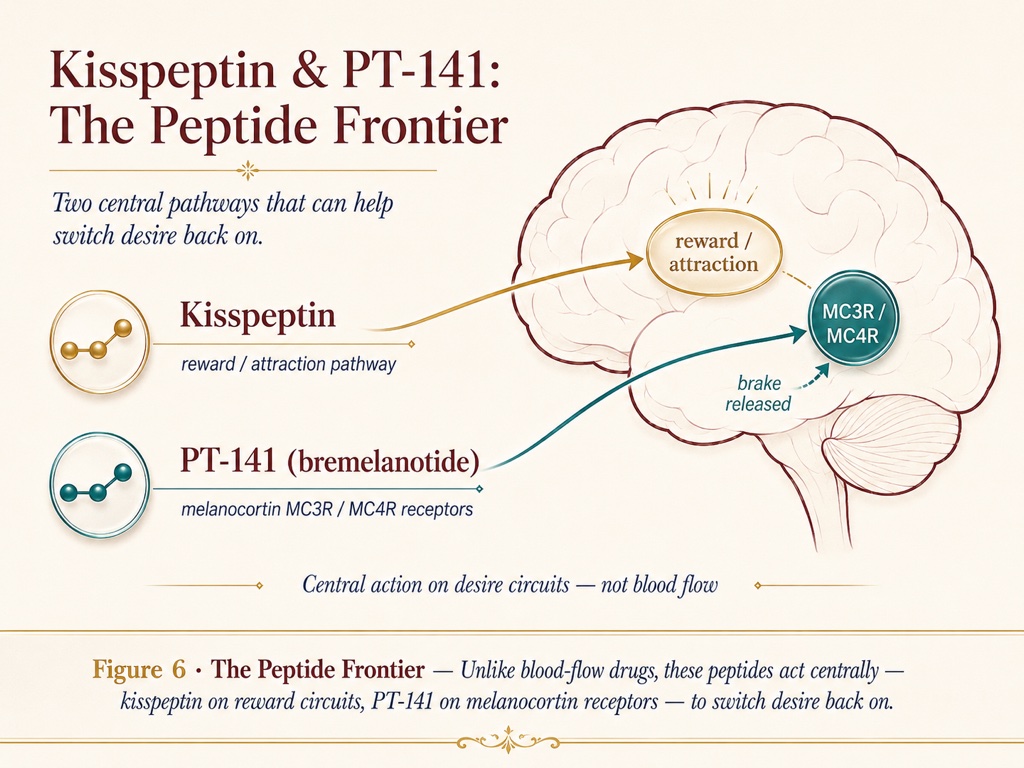 Figure 6: kisspeptin acts on reward circuits and PT-141 on melanocortin receptors, switching desire back on centrally