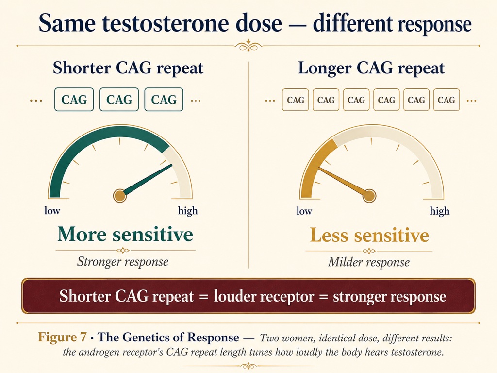 Figure 7: androgen receptor CAG repeat length tunes how loudly the body hears testosterone