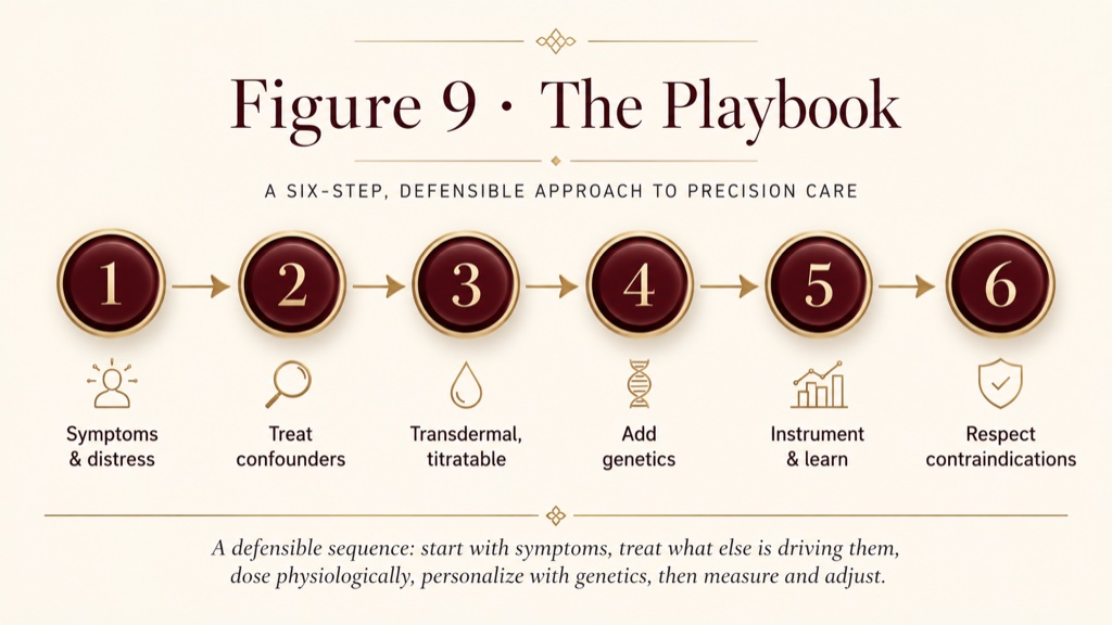 A defensible sequence: start with symptoms, treat what else is driving them, dose physiologically, personalize with genetics, then measure and adjust