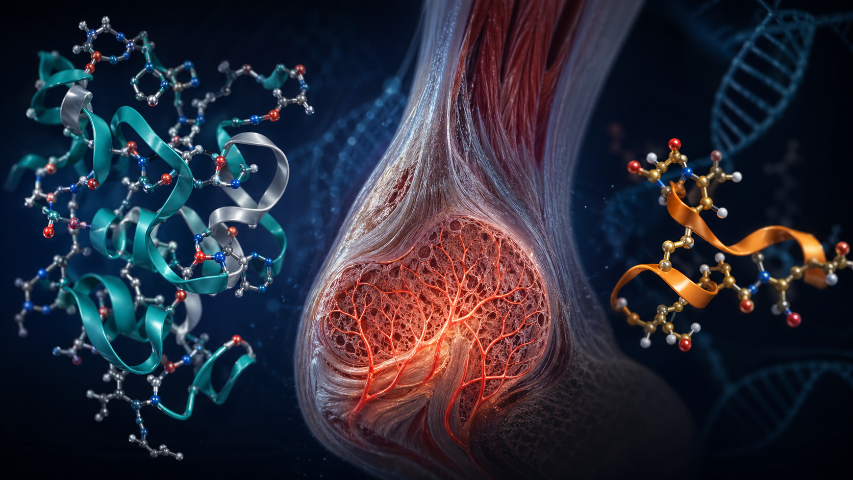 BPC-157 pentadecapeptide and TB-500 thymosin beta-4 fragment molecular structures with angiogenesis and fibroblast migration overlay — regenerative peptide therapy for tendon, ligament, and muscle repair
