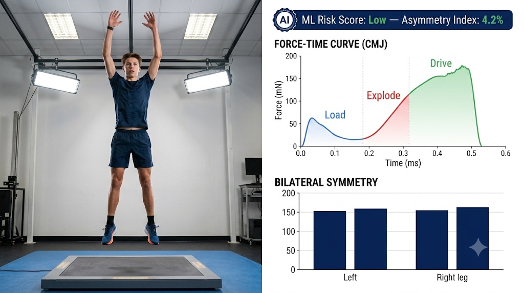 Counter-movement jump force plate analysis showing load, explode, and drive phases with bilateral symmetry