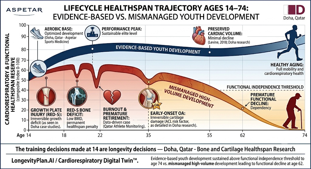 Lifecycle healthspan trajectory ages 14-74: evidence-based versus mismanaged youth development